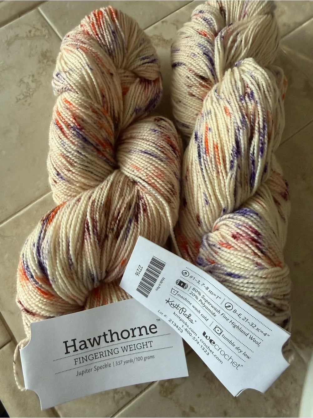 Hawthorne Fingering Weight Yarn - Jupiter Speckle (Cream with Orange & Purple)